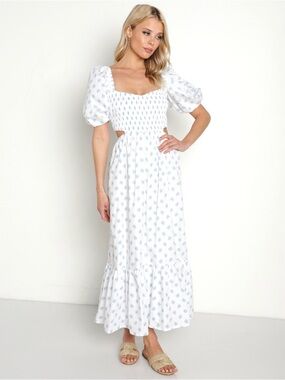 Faithfull the Brand White Maxi Dress with Light Blue Floral Print Sz S